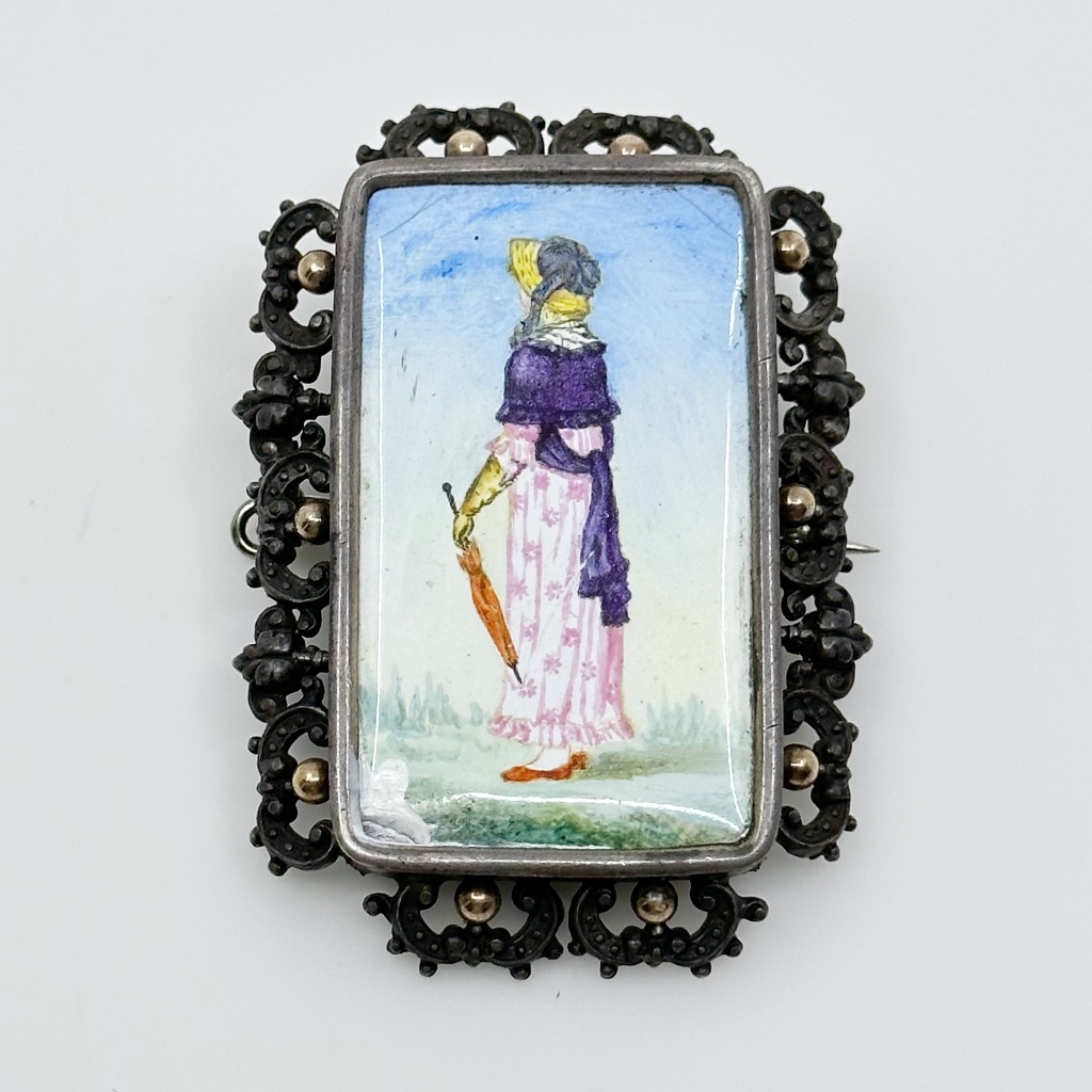 Victorian 18k Gold Sterling Silver Hand Painted Porcelain Brooch  Gm577